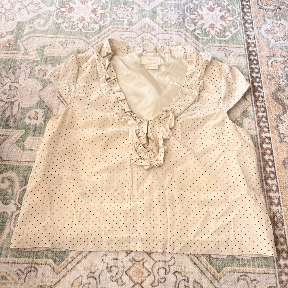 Kate Spade Silk Cream Polka Dot Ruffle V-Neck Top